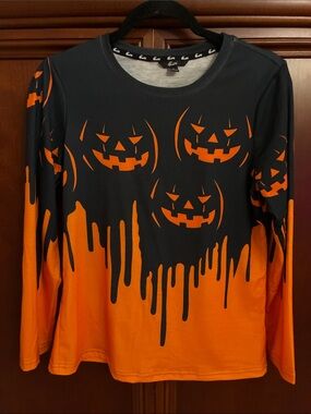 Womens Halloween Pumpkin Drip Long Sleeve Shirt - Orange & Black